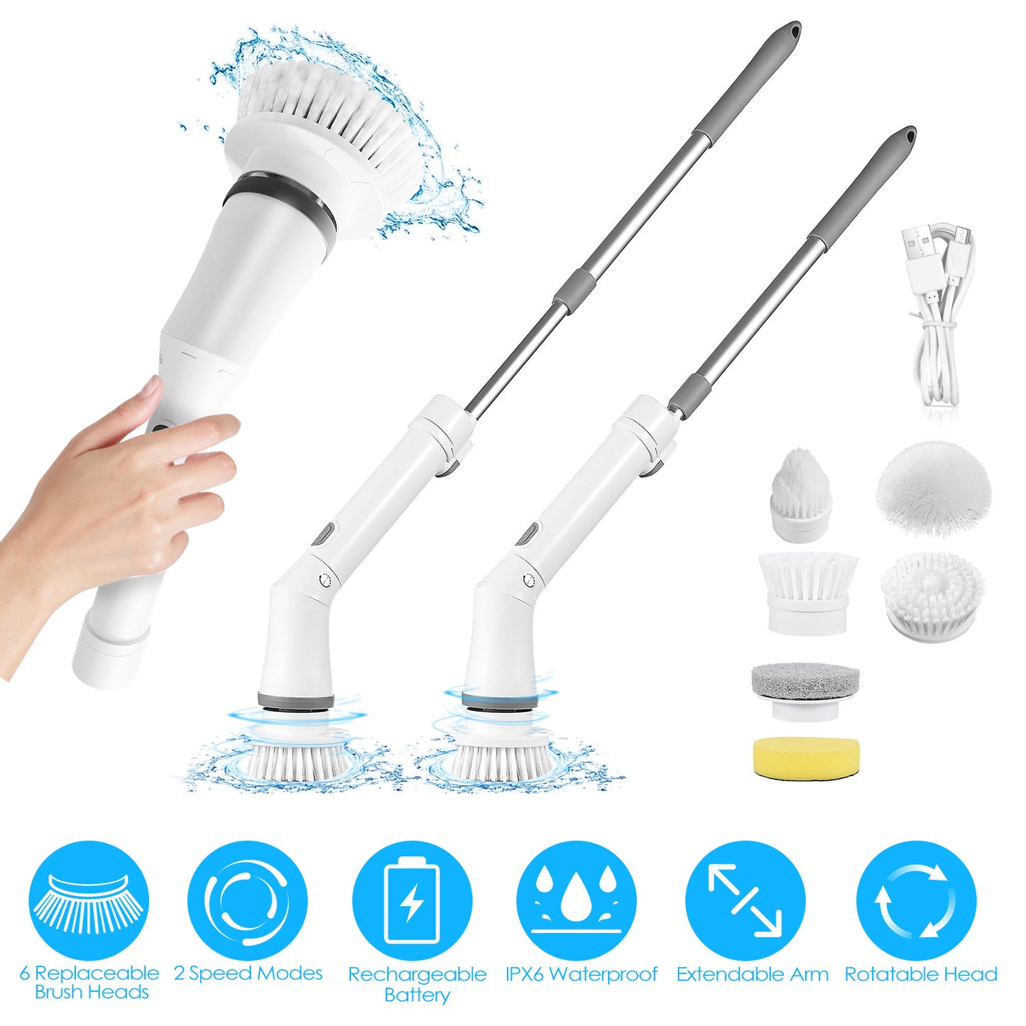 1Set Electric Spin Scrubber Cordless Rechargeable Telescopic Cleaning Brush 6 Replaceable Heads 2 Speed Adjustable Extension Arm Bathroom Tub Tile Floor